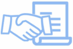 노트북 앞 악수하는 손 아이콘